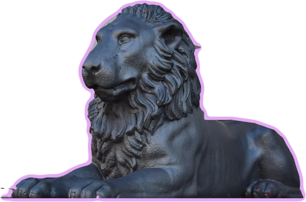Löwenstatue, freigestellt mit fliederfarbenem Rand